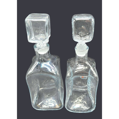 Vintage Blenko Clear Glass Pinched Decanter With Square Stoppers - Set of 2