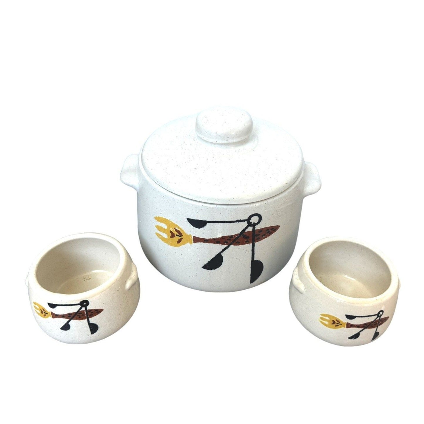 WestBend Lidded Bean Pot W/ Two Matching Bowls Adorn With Fork & Measuring Spoons - 4 Piece Set