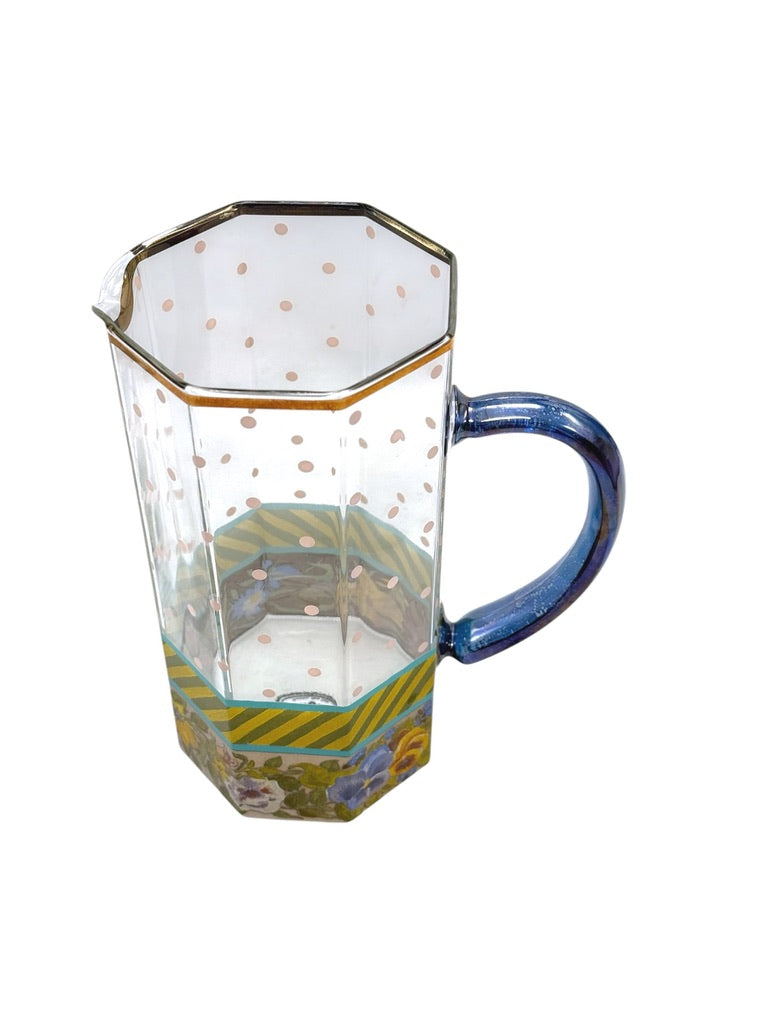 Mackenzie Childs Garland Pink Dot Glass Pitcher Floral/Striped Octagonal Shape