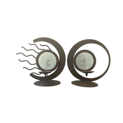 Vintage Wrought Iron and Hand Blown Molded Glass Face Sun and Moon Candle Holders - Set of 2