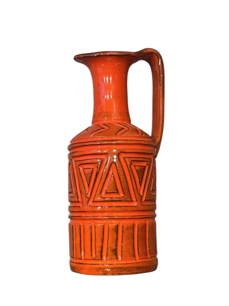Bitossi Orange Mid-Century Modern Sgraffito Geometric Relief Ceramic Jug