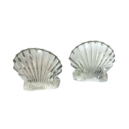 Vintage Blenko Art Glass Clear Scallop Clam Shell Bookends- Set of 2