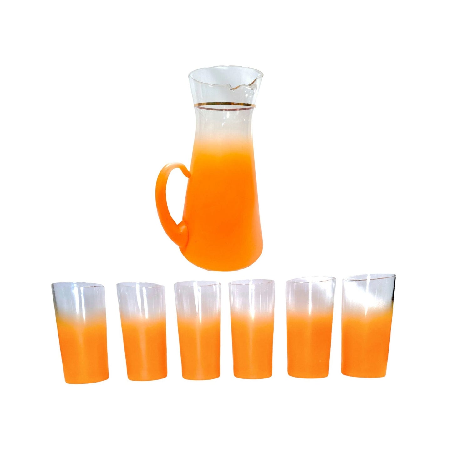 1960's Blendo Ombré Orange Glass Pitcher & Glass - Set of 7