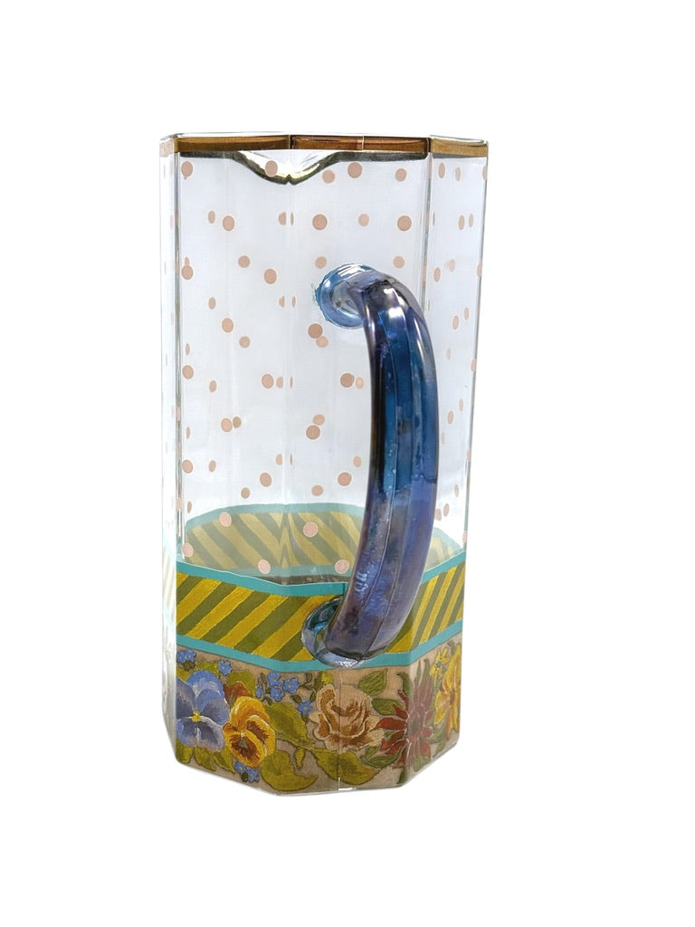 Mackenzie Childs Garland Pink Dot Glass Pitcher Floral/Striped Octagonal Shape