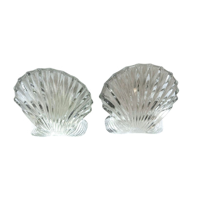 Vintage Blenko Art Glass Clear Scallop Clam Shell Bookends- Set of 2