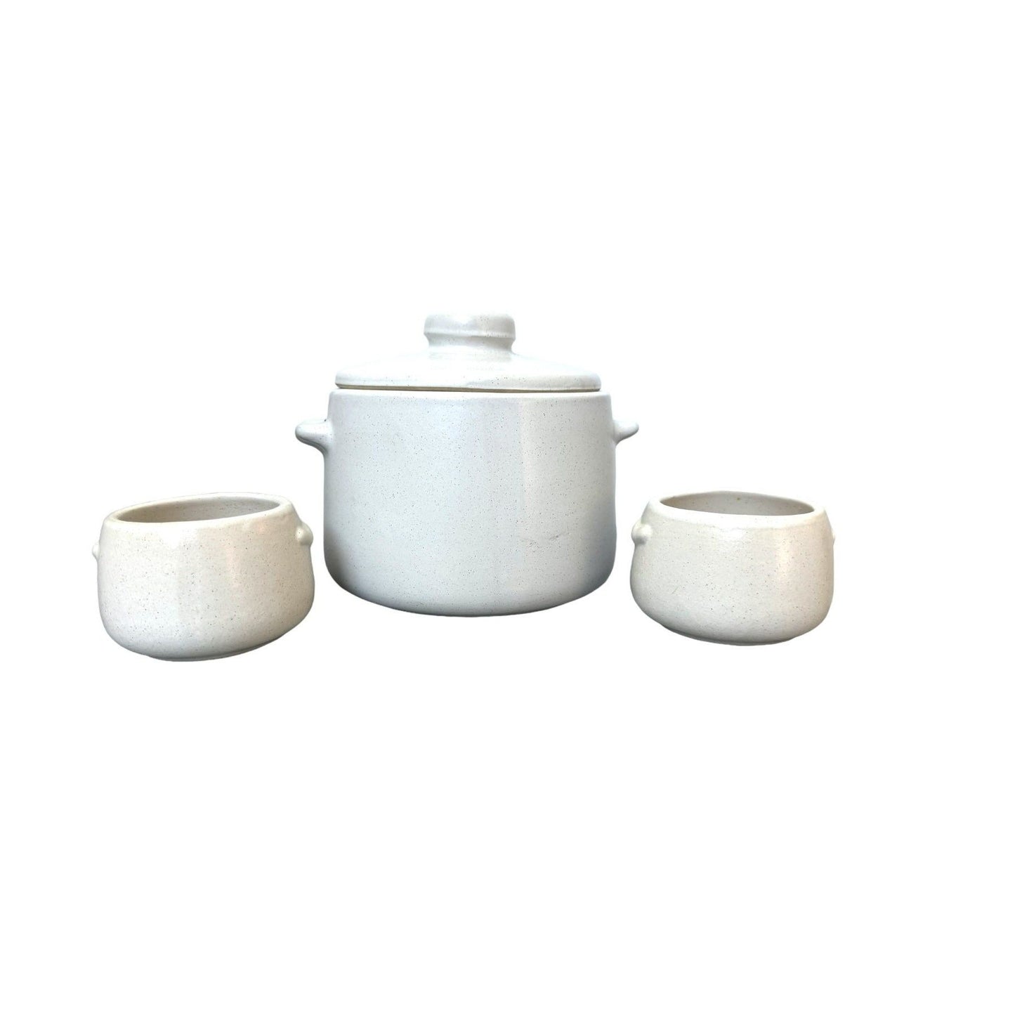 WestBend Lidded Bean Pot W/ Two Matching Bowls Adorn With Fork & Measuring Spoons - 4 Piece Set