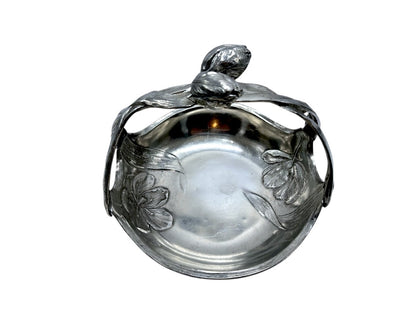 Antique Art Nouveau Pewter Tulip Basket Floral Embossed Design Decorative Handle