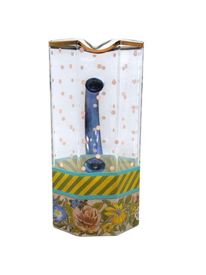 Mackenzie Childs Garland Pink Dot Glass Pitcher Floral/Striped Octagonal Shape