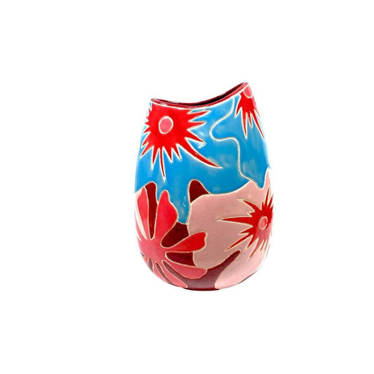 Vintage Vivid Red, Pink, and Blue Floral Printed Vase