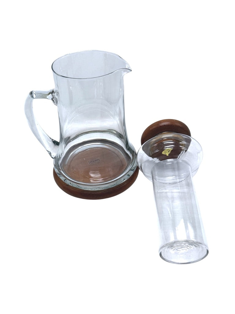 Wimsome Teakwood Glass Pitcher W/ Chiller/Lid/Base For Tea Or Beverages