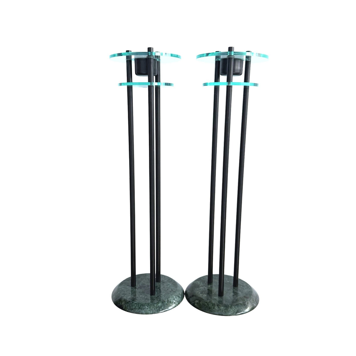 1980s Milano Series Green Marble & Glass Postmodern Candlestick Holders With Black Metal Rods Set Of Two