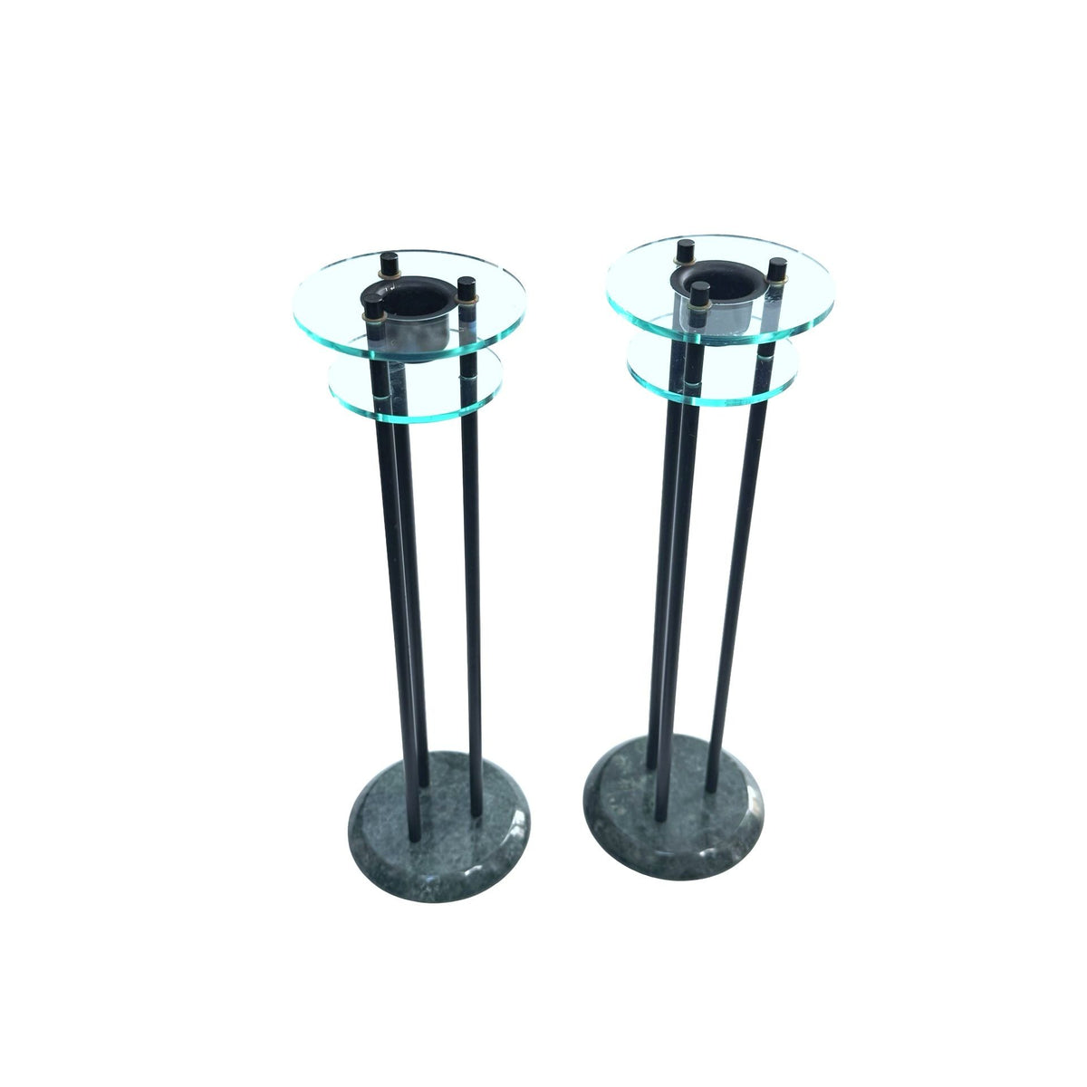 1980s Milano Series Green Marble & Glass Postmodern Candlestick Holders With Black Metal Rods Set Of Two