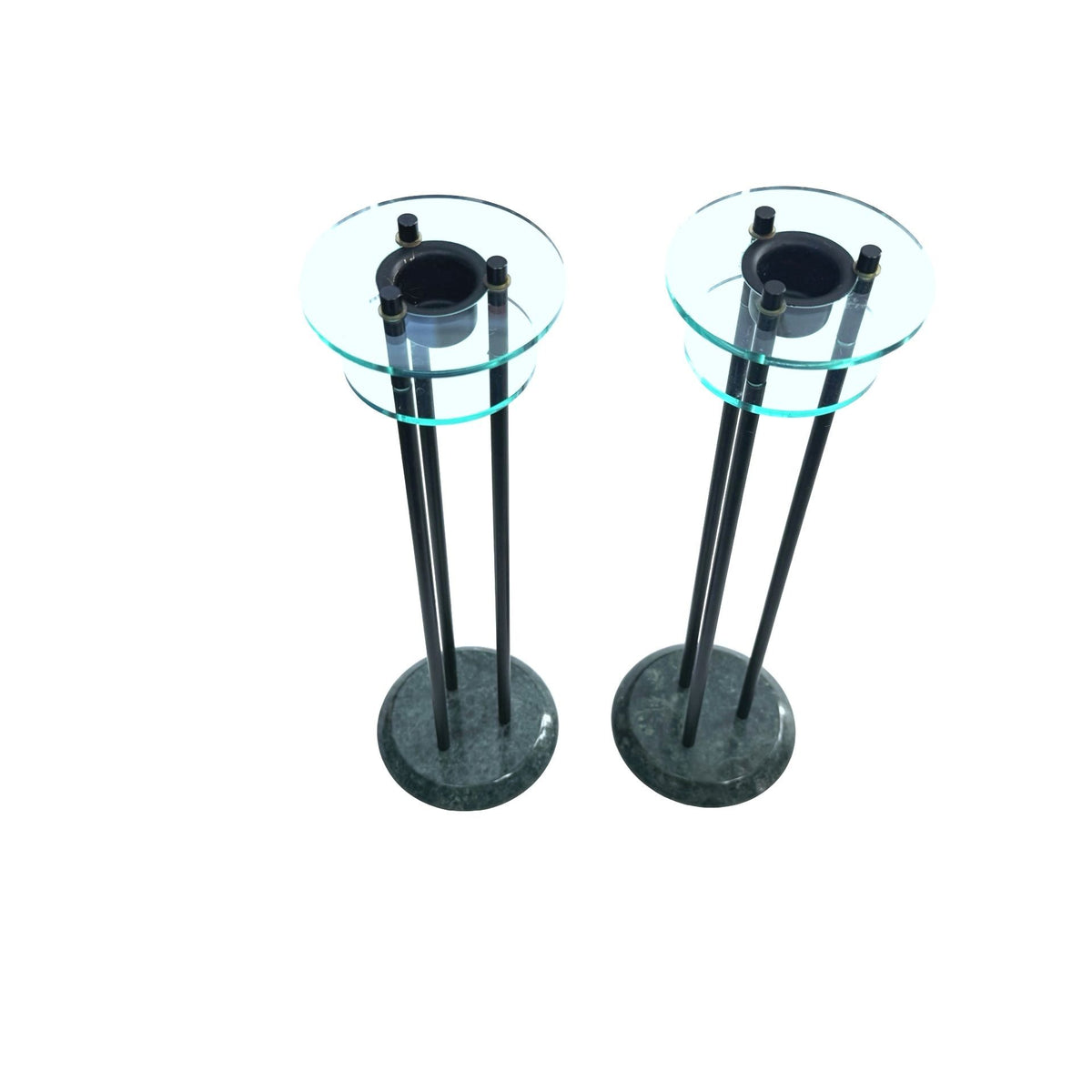 1980s Milano Series Green Marble & Glass Postmodern Candlestick Holders With Black Metal Rods Set Of Two