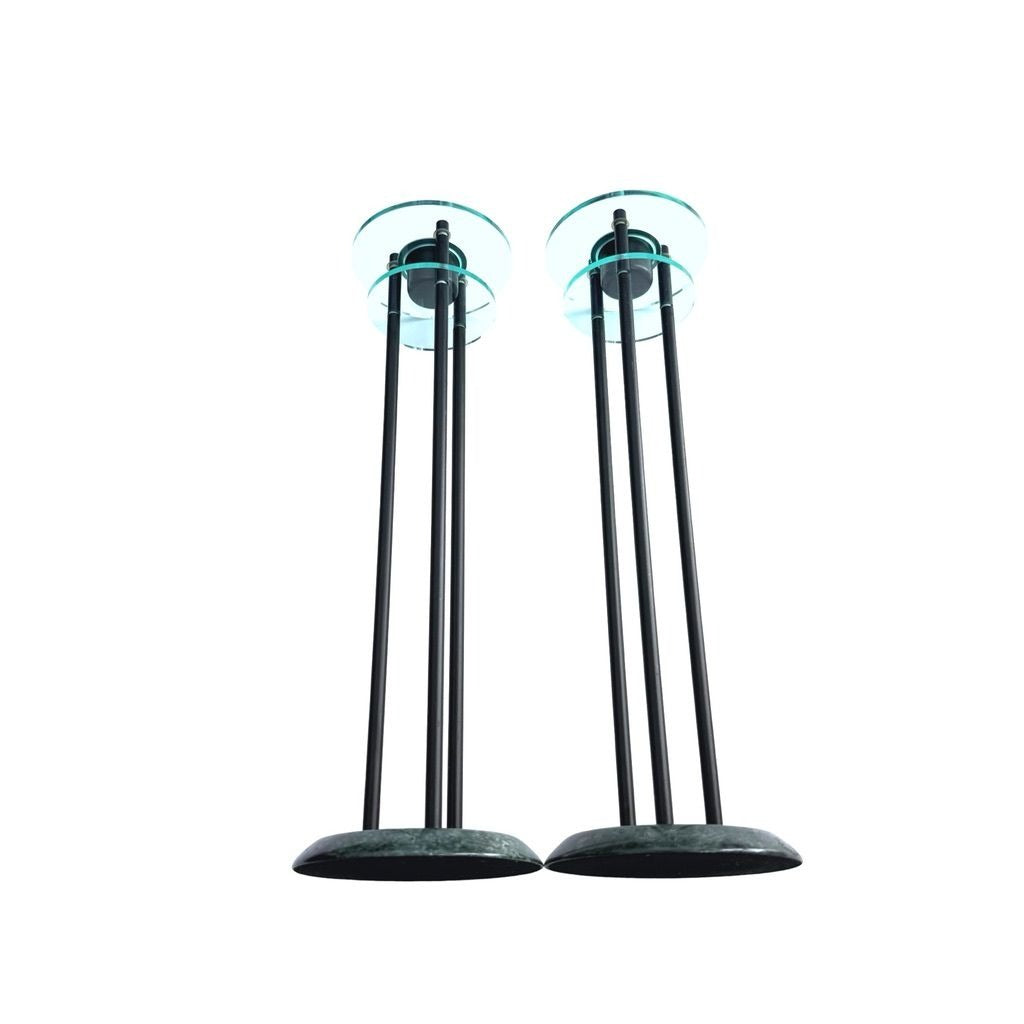1980s Milano Series Green Marble & Glass Postmodern Candlestick Holders With Black Metal Rods Set Of Two