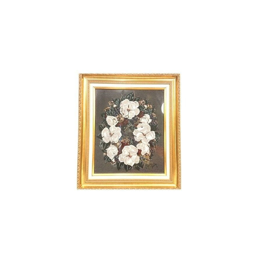 Framed Vintage Glynda Turley Needlepoint Art, "Magnolia Wreath"