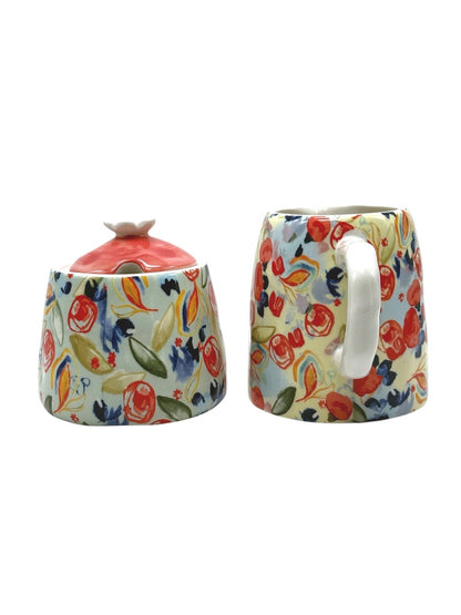Anthropologie Floral Ceramic Creamer & Sugar Dish Set With Lid