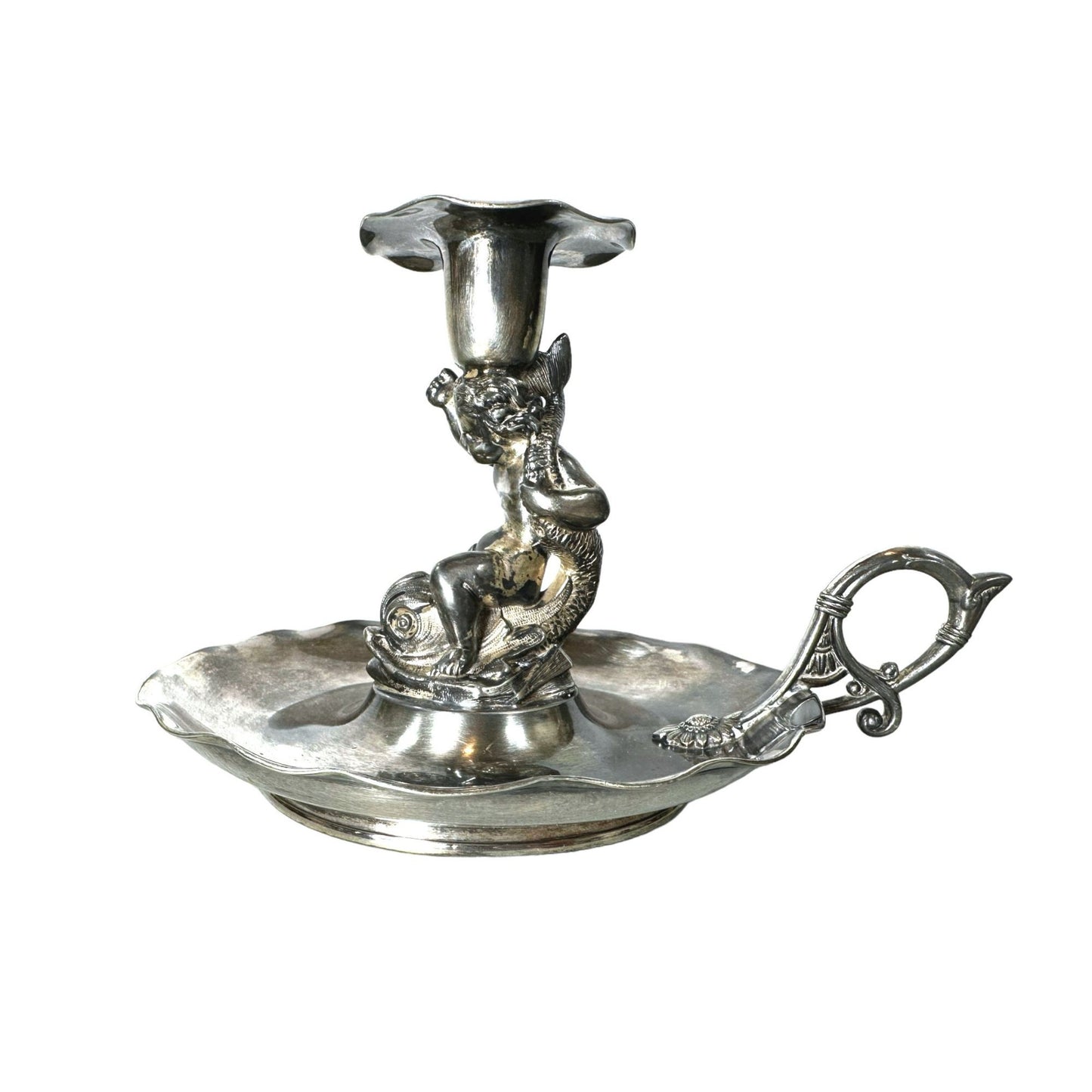 Rare Antiques 1800s Victorian Hartford Silverplate Co. Quadruple Plated Boy Riding Fish Candlestick Holder