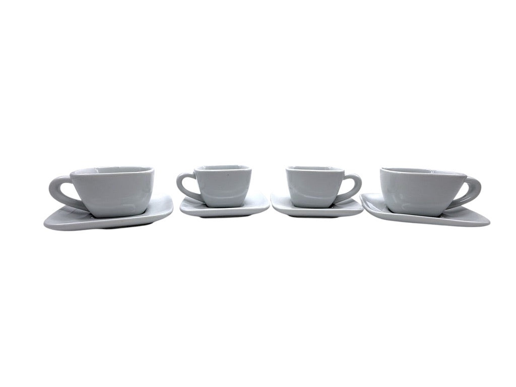 Crate & Barrel Square White Porcelain Coffee Cup & Saucer Set - Set Of 4