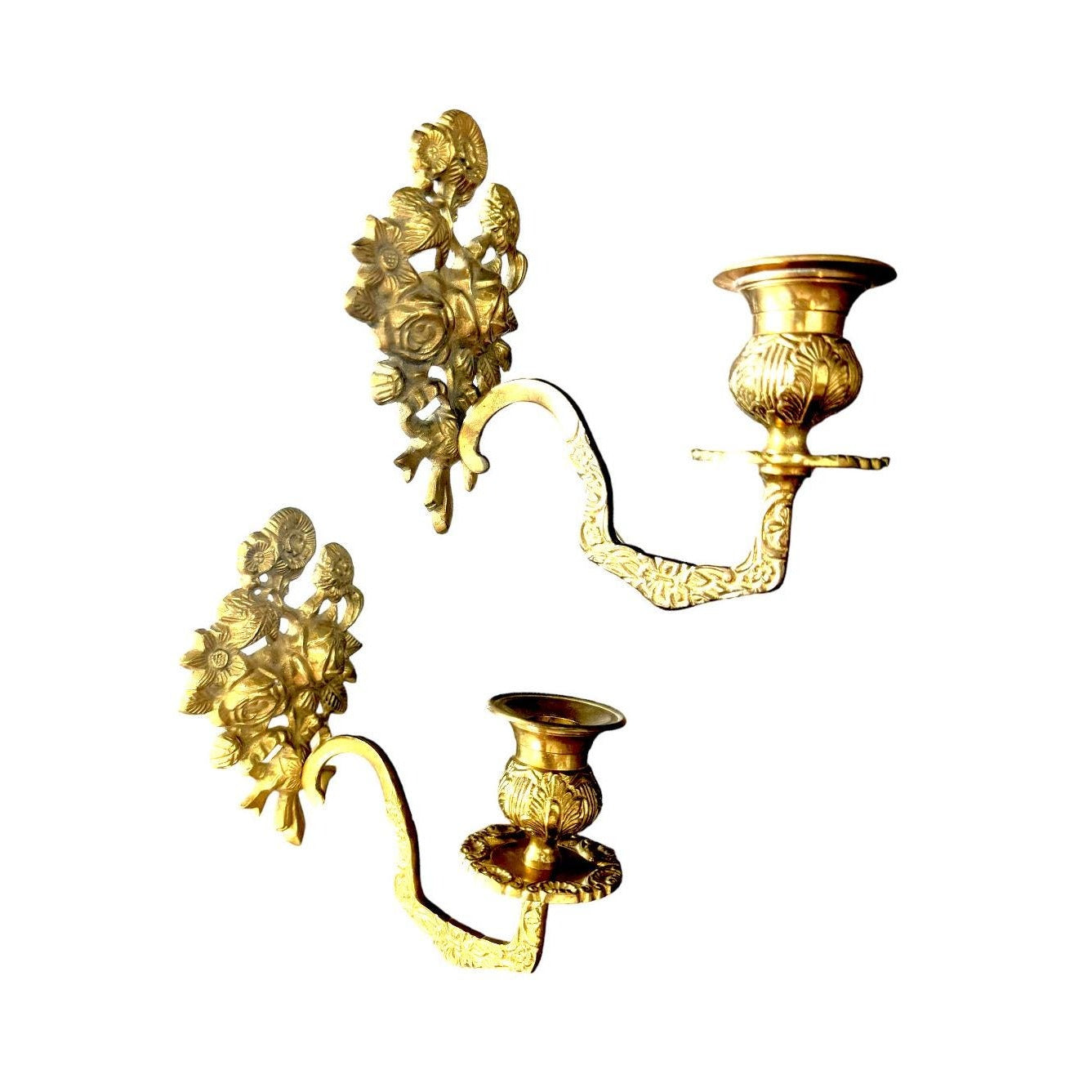 Vintage Hollywood Regency Brass Floral Wall Sconces - Set of 2