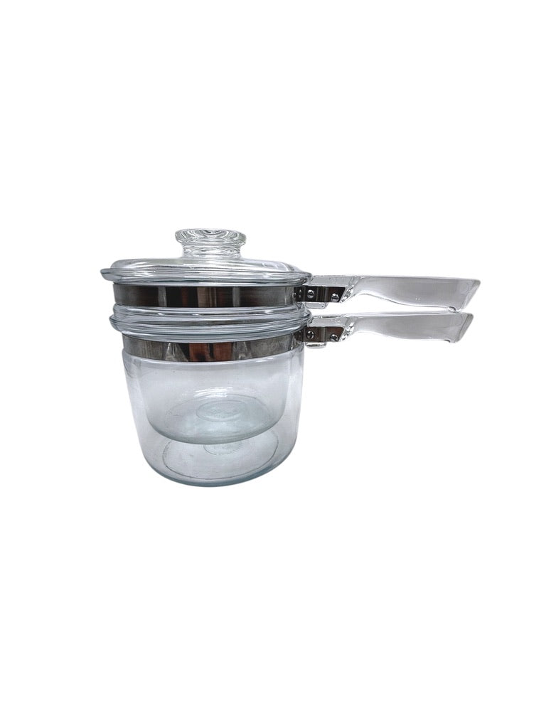 Vintage Pyrex Clear Glass Double Boiler Set With Lid Heat-Resistant Cookware