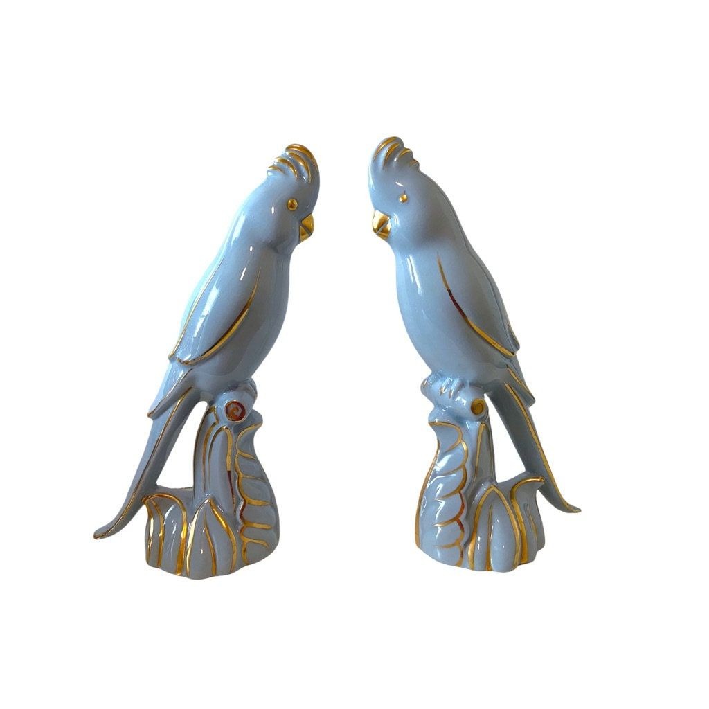 Vintage Mid Century Blue Porcelain Cockatoos - Set of 2