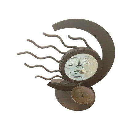 Vintage Wrought Iron and Hand Blown Molded Glass Face Sun and Moon Candle Holders - Set of 2