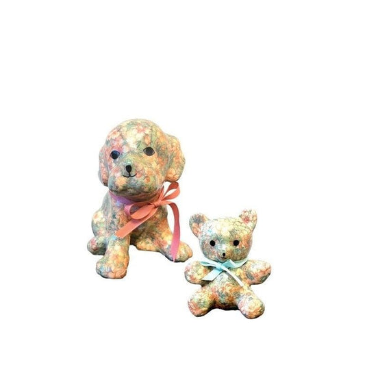 Vintage Pink Floral Decoupage Dog & Bear Set