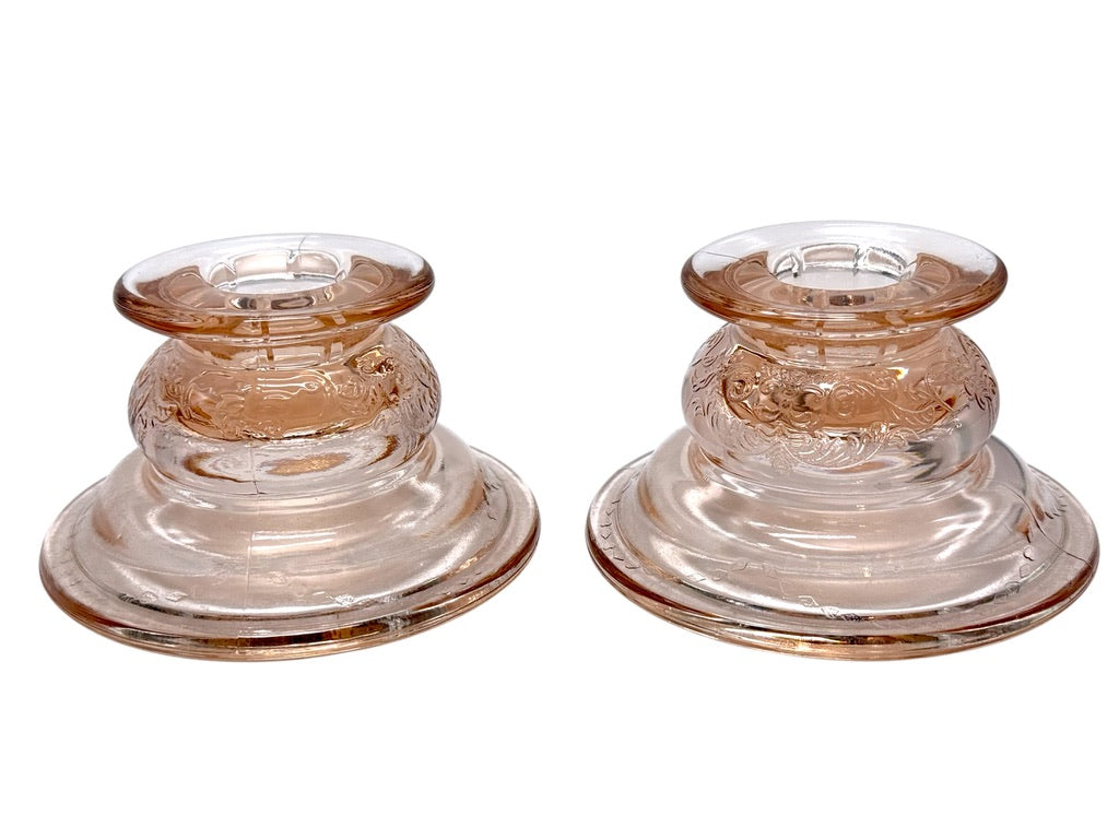Vintage Pink Depression Glass Etched Candle Holders, Pair