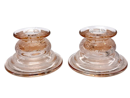 Vintage Pink Depression Glass Etched Candle Holders, Pair