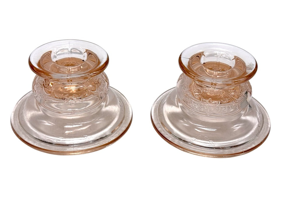 Vintage Pink Depression Glass Etched Candle Holders, Pair