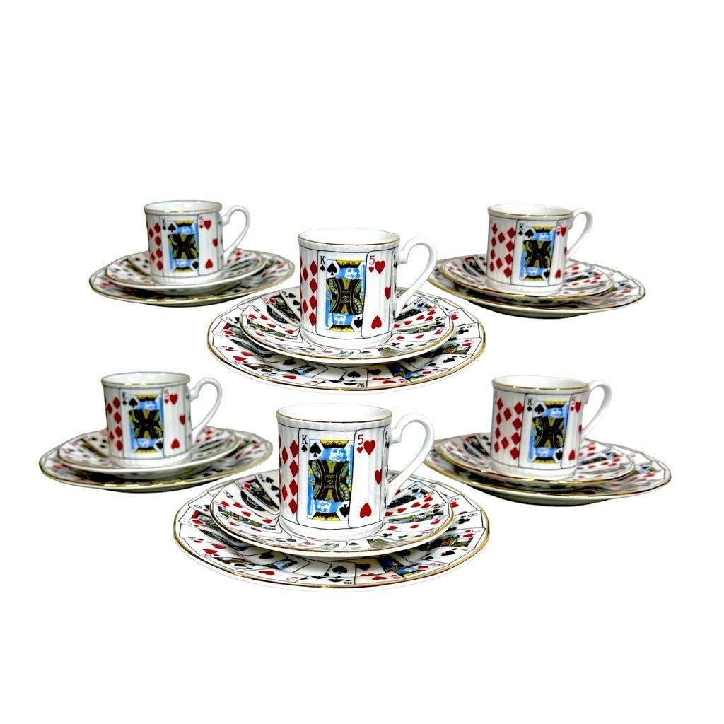 Elizabethan Staffordshire Fine Bone China Playing Cards Pattern Demitasse Tea Cup, Saucer and Snack Plate - 18 Piece Set - Made in England