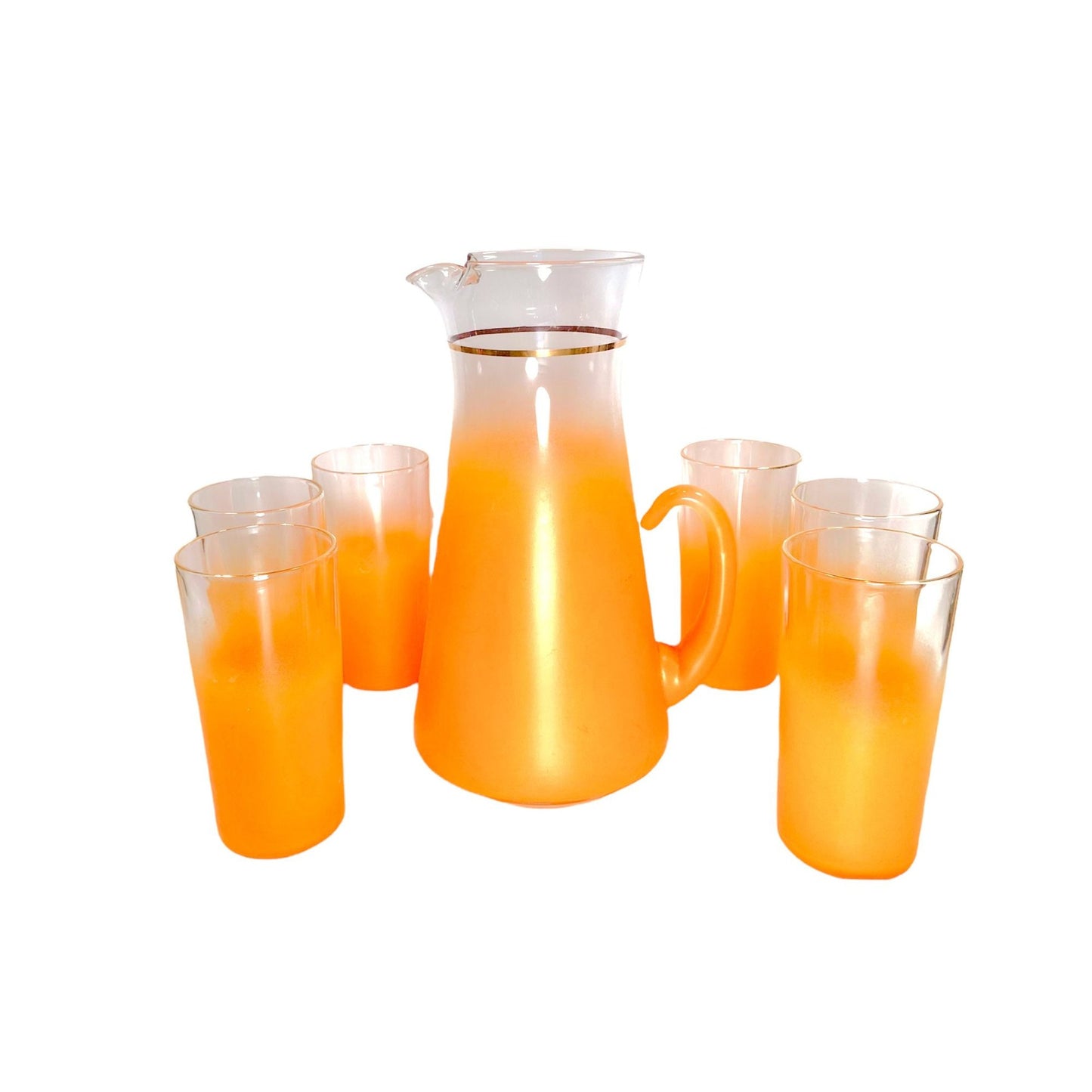 1960's Blendo Ombré Orange Glass Pitcher & Glass - Set of 7