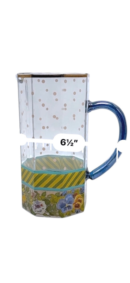 Mackenzie Childs Garland Pink Dot Glass Pitcher Floral/Striped Octagonal Shape