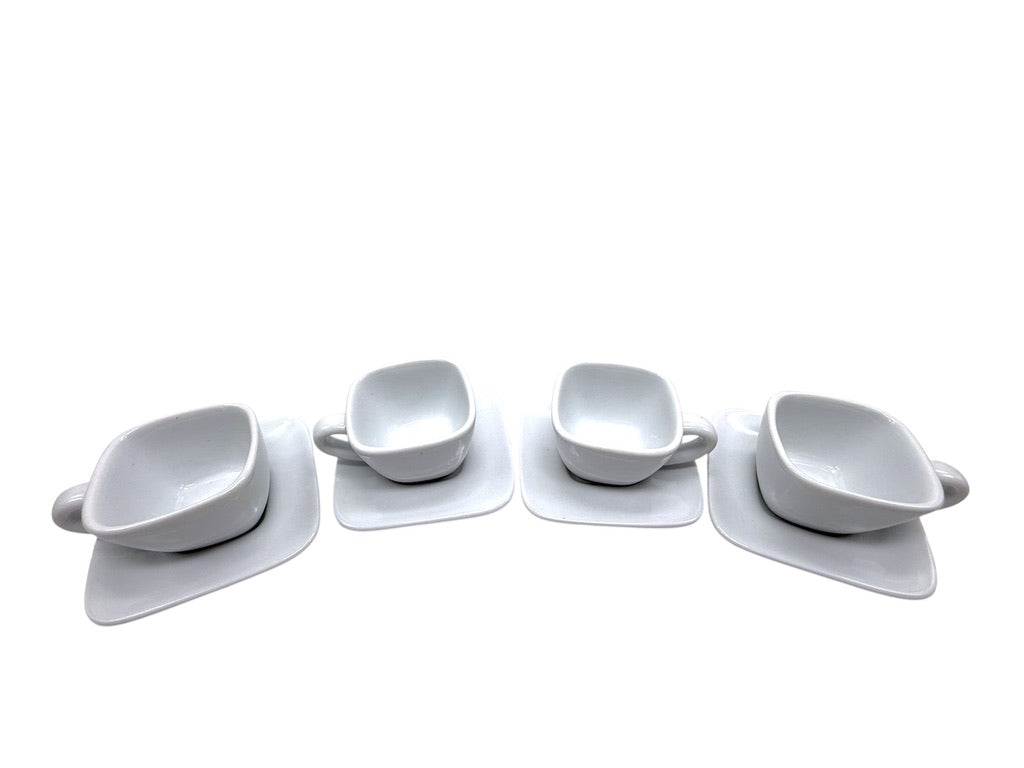 Crate & Barrel Square White Porcelain Coffee Cup & Saucer Set - Set Of 4