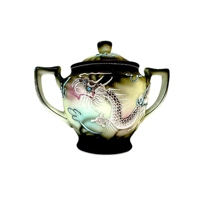 Circa 1920s-1930s Japanese Moriage Dragon ware Six Serving Tea Set with Tea Pot, Sugar Dish, Creamer Dish and Six Snack Plates