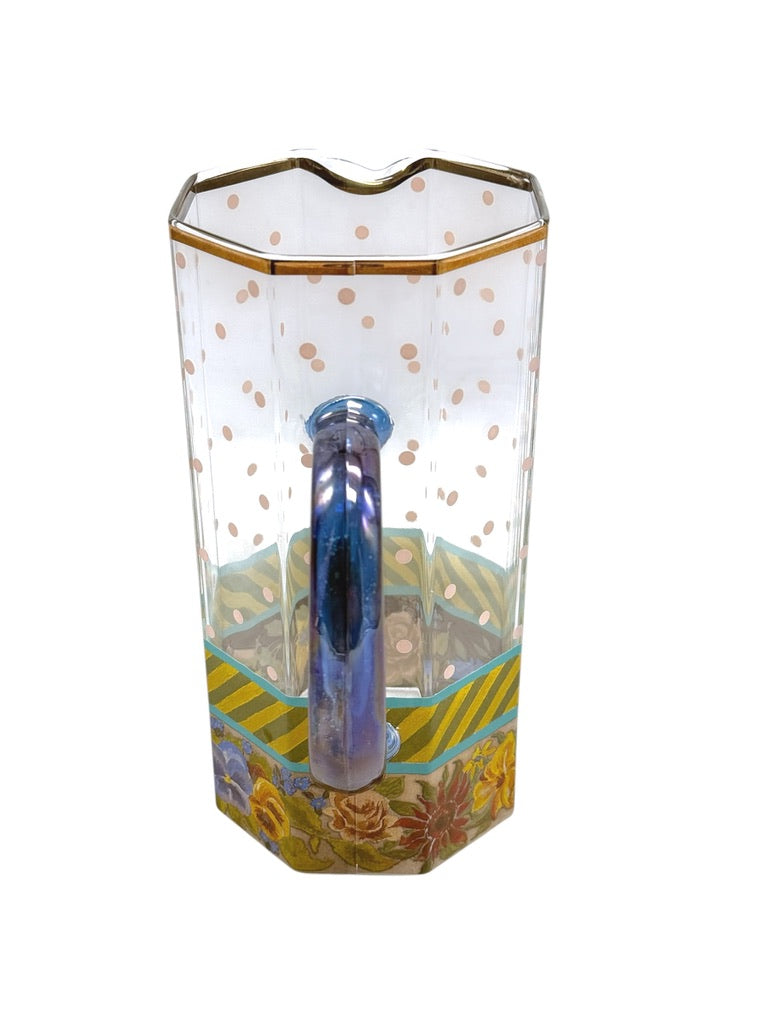 Mackenzie Childs Garland Pink Dot Glass Pitcher Floral/Striped Octagonal Shape