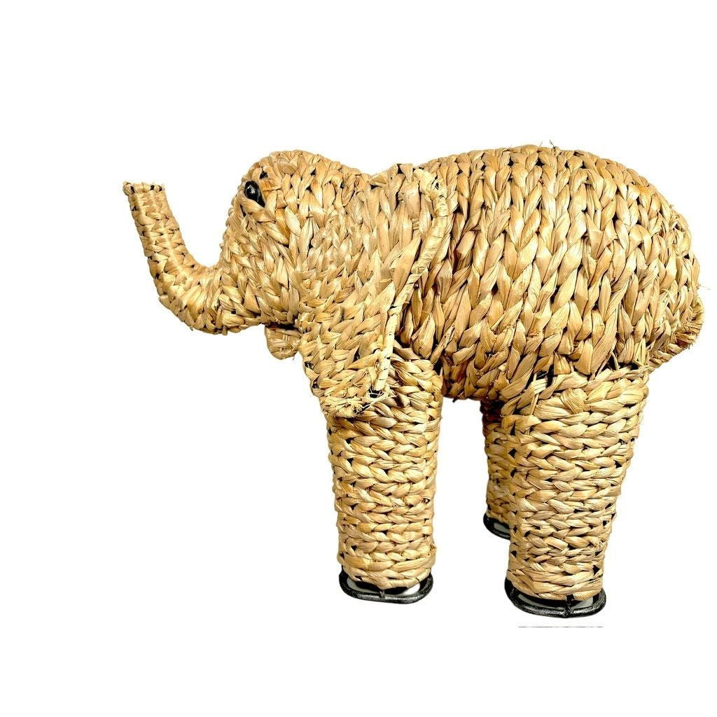 Vintage Woven Wicker Wood Elephant Decor