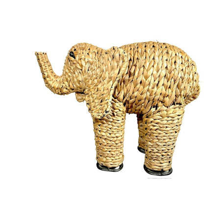 Vintage Woven Wicker Wood Elephant Decor