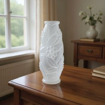 1920s Espaivet Frosted Glass Vase Floral & Berry Design French Art Deco Style