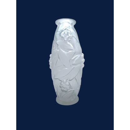 1920s Espaivet Frosted Glass Vase Floral & Berry Design French Art Deco Style