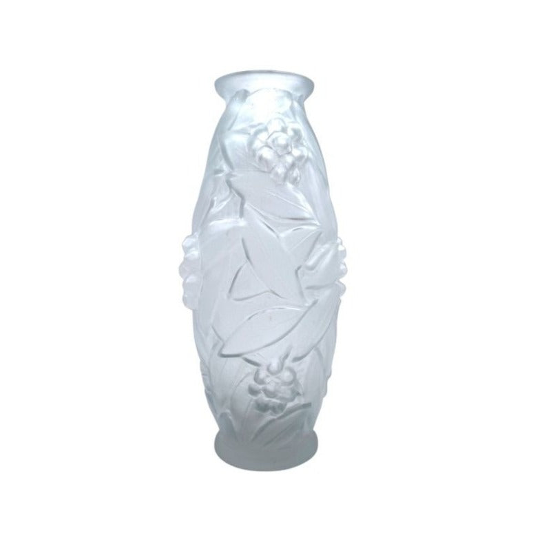 1920s Espaivet Frosted Glass Vase Floral & Berry Design French Art Deco Style