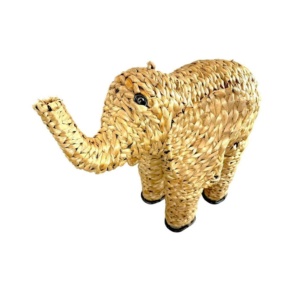 Vintage Woven Wicker Wood Elephant Decor