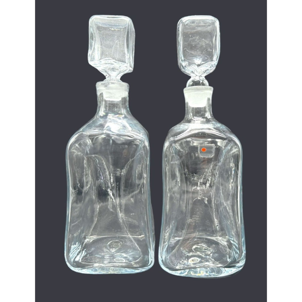 Vintage Blenko Clear Glass Pinched Decanter With Square Stoppers - Set of 2