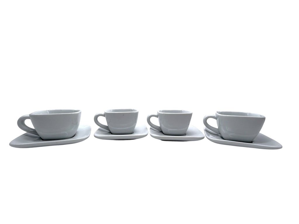 Crate & Barrel Square White Porcelain Coffee Cup & Saucer Set - Set Of 4