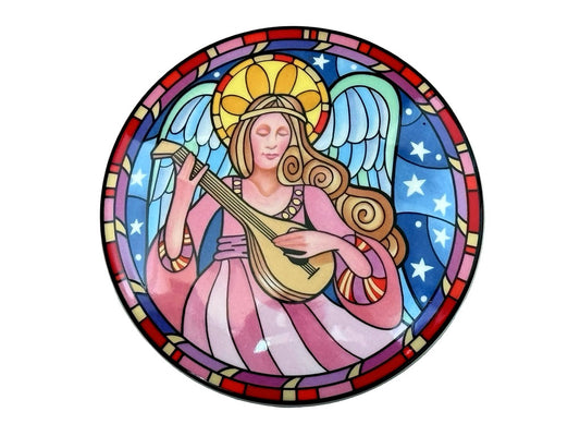 Vintage Stained Glass Style Angel Musician Round Porcelain Trinket Box
