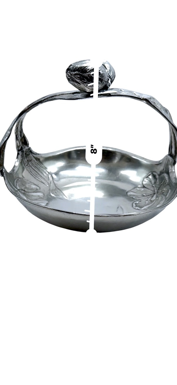 Antique Art Nouveau Pewter Tulip Basket Floral Embossed Design Decorative Handle