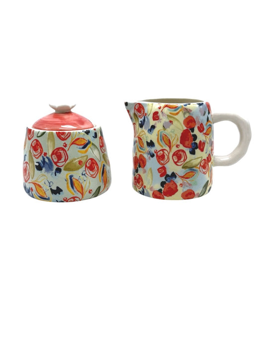Anthropologie Floral Ceramic Creamer & Sugar Dish Set With Lid