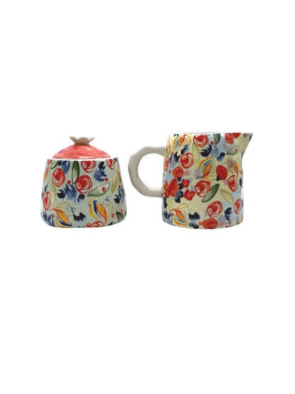 Anthropologie Floral Ceramic Creamer & Sugar Dish Set With Lid