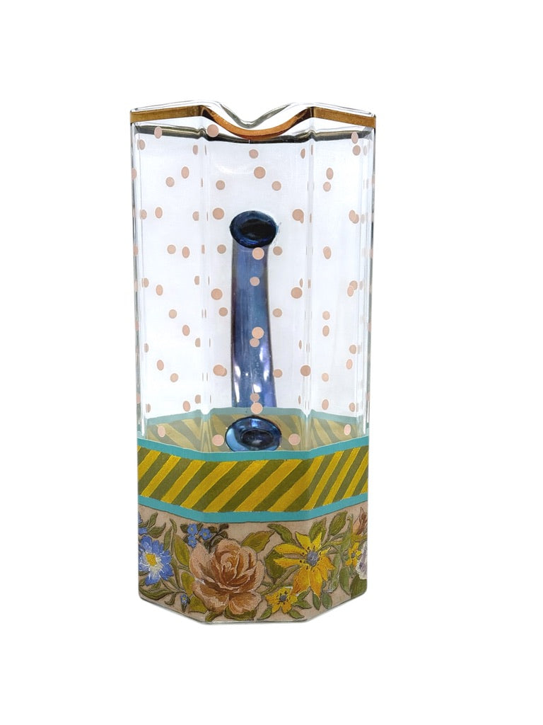 Mackenzie Childs Garland Pink Dot Glass Pitcher Floral/Striped Octagonal Shape