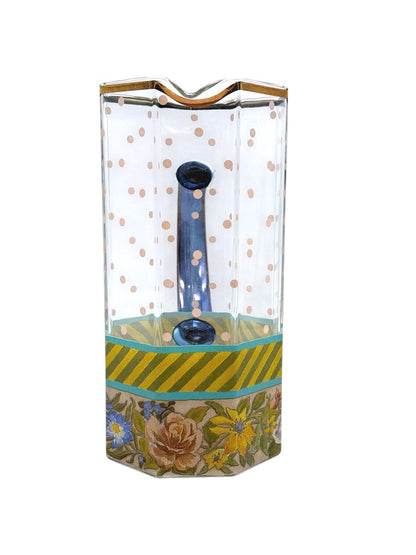 Mackenzie Childs Garland Pink Dot Glass Pitcher Floral/Striped Octagonal Shape